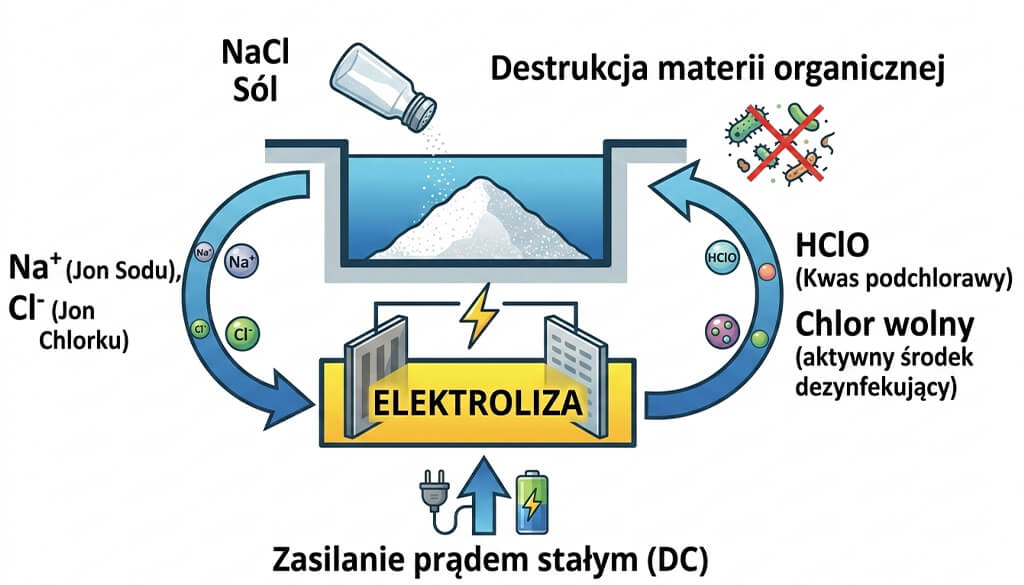 cykl elektrolizy soli w basenie